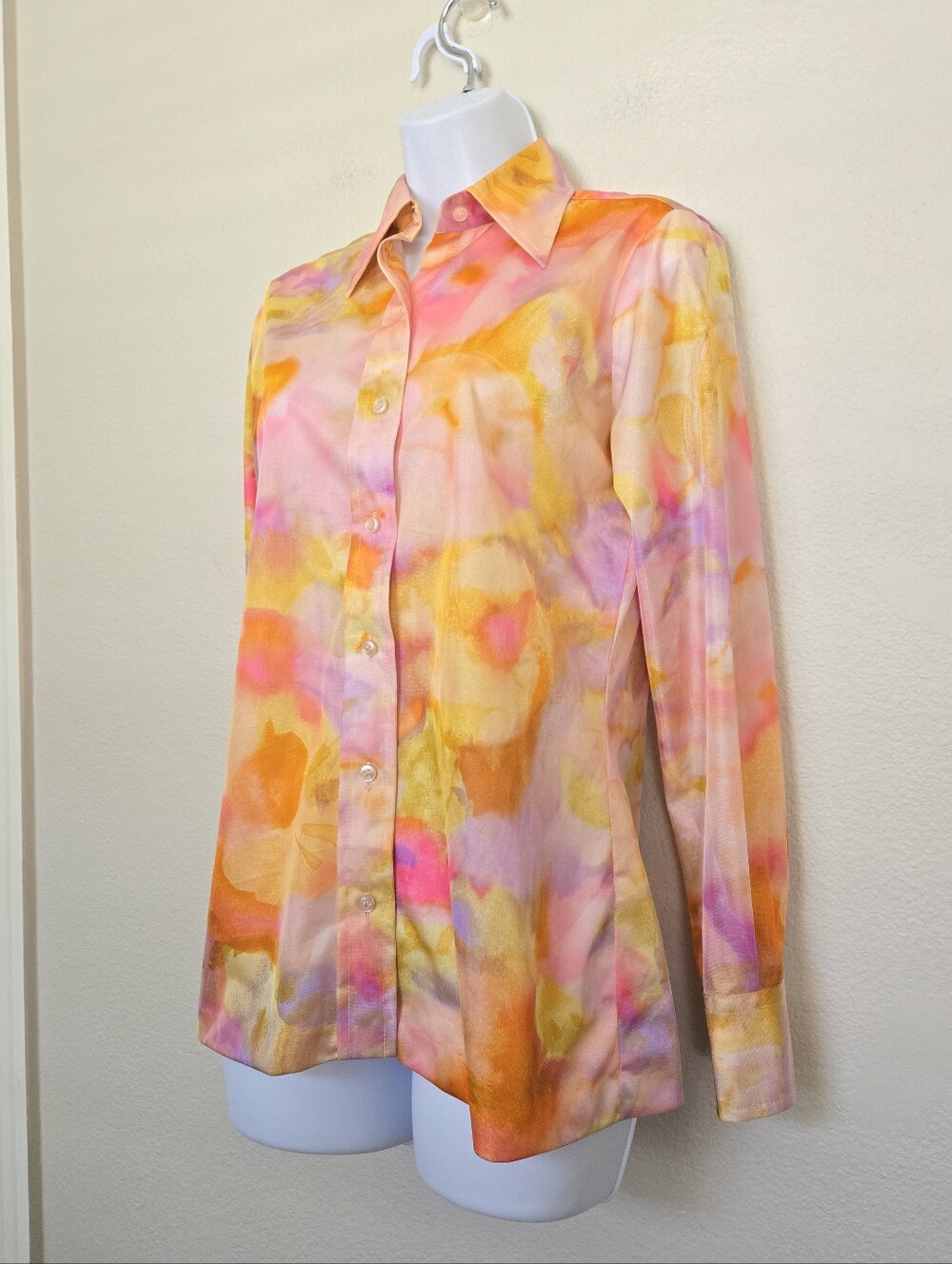 Vintage 70s Lady Manhattan Watercolor Abstract Groovy Pink Blouse - Picture 5 of 15